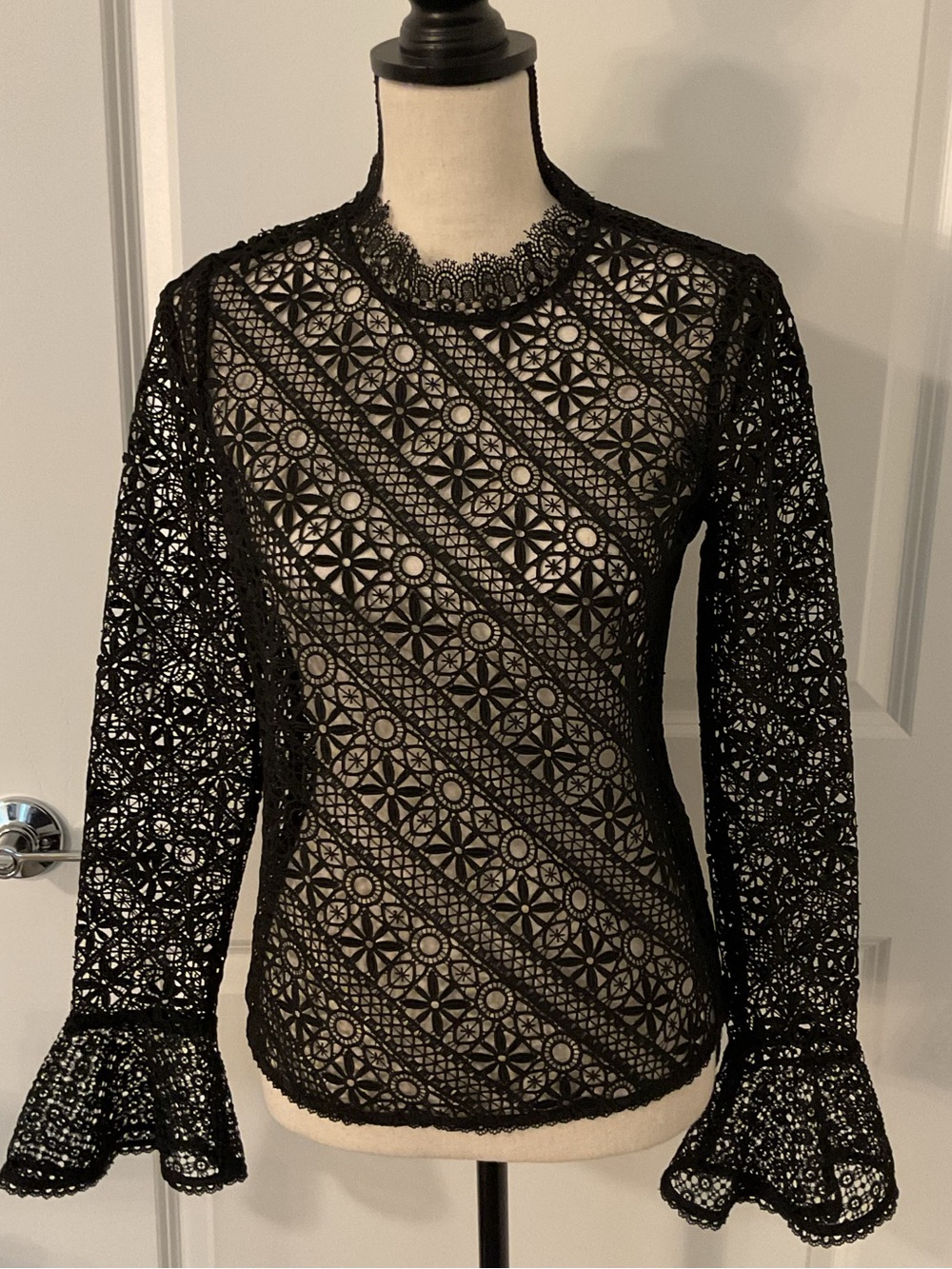 AMUR Maggie Black Geometric Guipure Lace Top Mock Neck Bell Sleeve